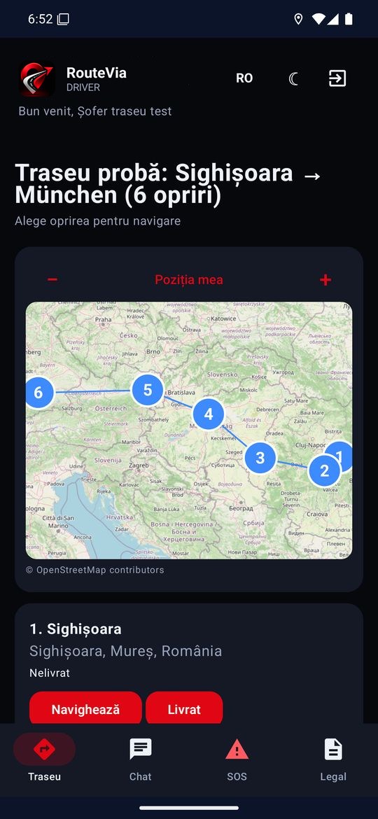 Lista opririlor din traseul zilei în aplicația pentru șoferi